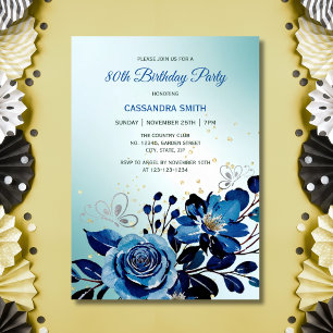 Navy Rose Butterfly Gold Glitter Green Birthday  Invitation
