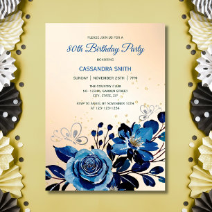 Navy Rose Butterfly Gold Glitter Peach Birthday  Invitation