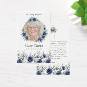 Navy Rose Floral Gold Photo Sympathy Prayer Cards