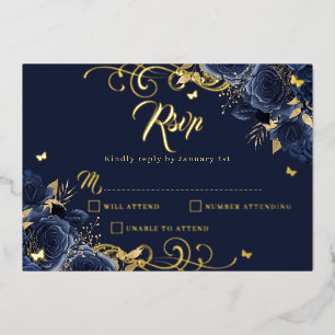Navy Rose Floral Gold Swirl Gold Quinceanera