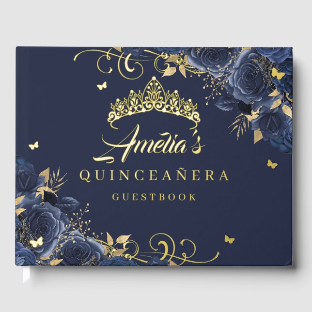 Navy Rose Floral Swirl Quinceanera Gold   Guest Book (Front)