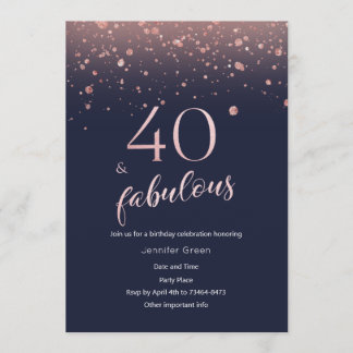 Navy Rose Gold 40th Birthday Invitation