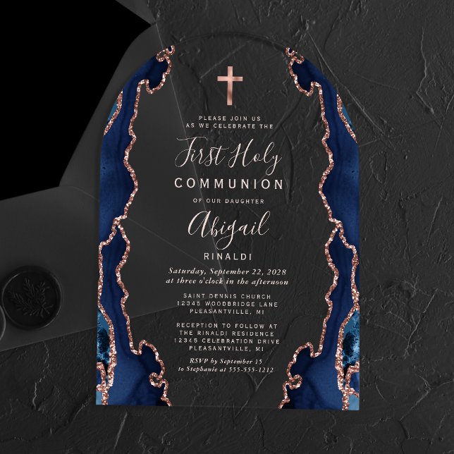 Navy Rose Gold Agate Arch First Holy Communion Acrylic Invitations (Creator Uploaded)
