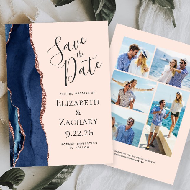 Navy Rose Gold Agate Blush 5-Photo Save the Date Invitation (Creator Uploaded)