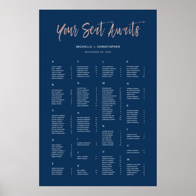 Navy & Rose Gold Alphabetical Seating Chart Sign (Front)