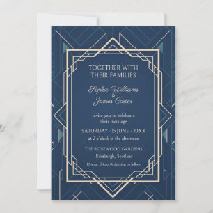 Navy Rose Gold Art Deco Wedding Invitation
