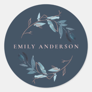 NAVY ROSE GOLD BLUE FOLIAGE WREATH PROFESSIONAL CLASSIC ROUND STICKER