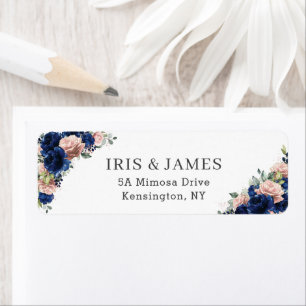 Navy Rose Gold Blush Floral Wedding Return Address Label
