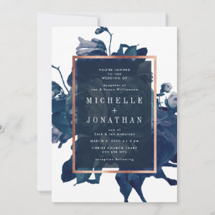 Navy Rose Gold Bouquet Wedding Invitation
