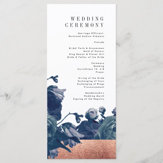 Navy Rose Gold Bouquet Wedding Program (Front)