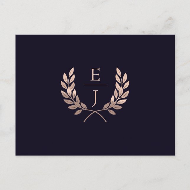 Navy Rose Gold Classic Monogram Wedding rsvp Invitation Postcard (Front)