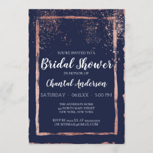 Navy Rose Gold Confetti Brushstroke Bridal Shower Invitation