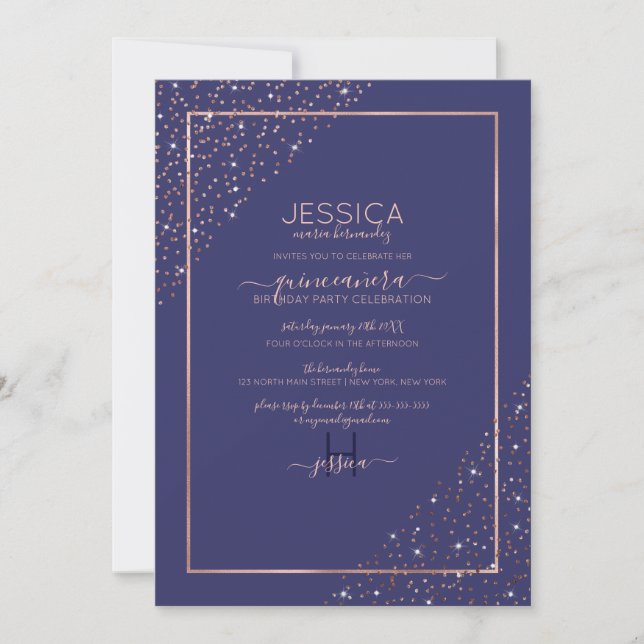 Navy Rose Gold Confetti Corners Quinceañera Invitation (Front)