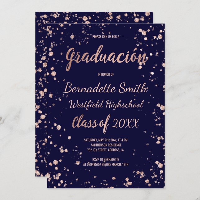Navy rose gold confetti graduation spanish invitation (Front/Back)