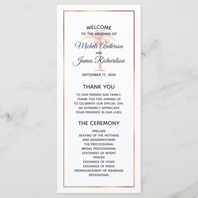 Navy Rose Gold Copper Palm Tree Modern Wedding Program (Front)