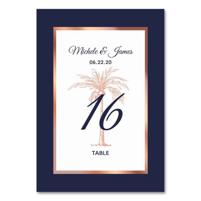 Navy Rose Gold Copper Palm Tree Modern Wedding Table Number (Front)