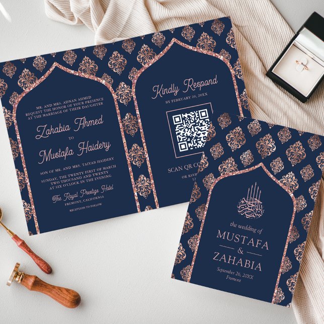 Navy Rose Gold Damask Arch QR Code Muslim Wedding Invitation (Creator Uploaded)