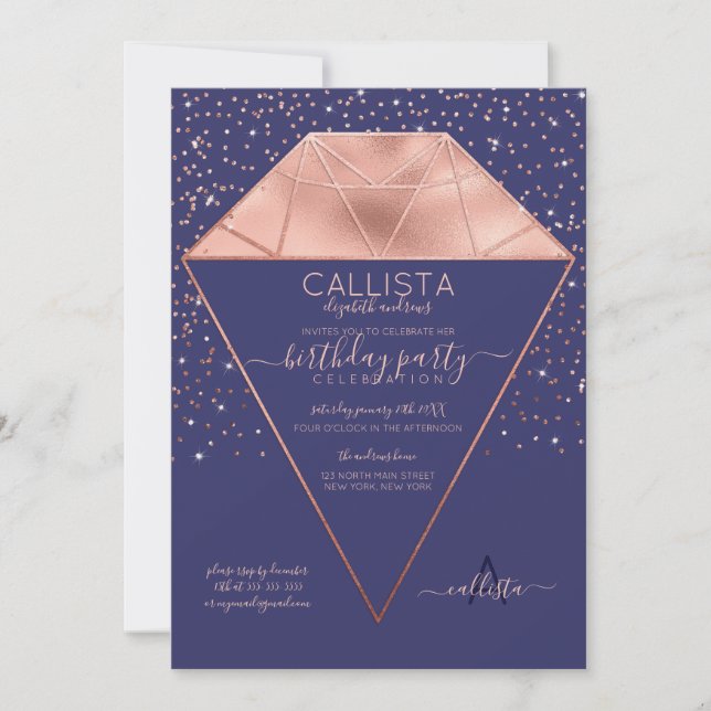 Navy Rose Gold Diamond Confetti Glitter Birthday Invitation (Front)