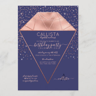 Navy Rose Gold Diamond Confetti Glitter Birthday Invitation