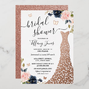 Navy Rose Gold Dress Bridal Shower Foil Invitation