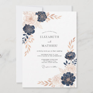 Navy Rose Gold Elegant Floral Wedding Invitation
