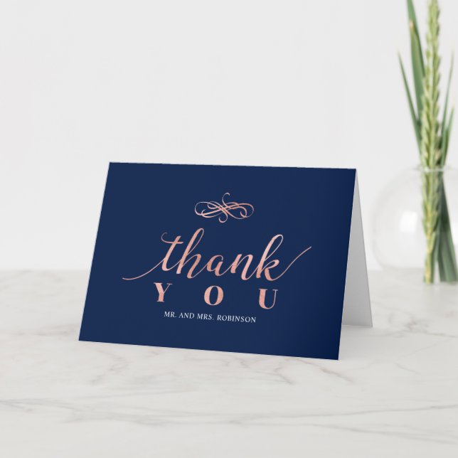 Navy & Rose Gold  Elegant Wedding Thank you Note (Front)