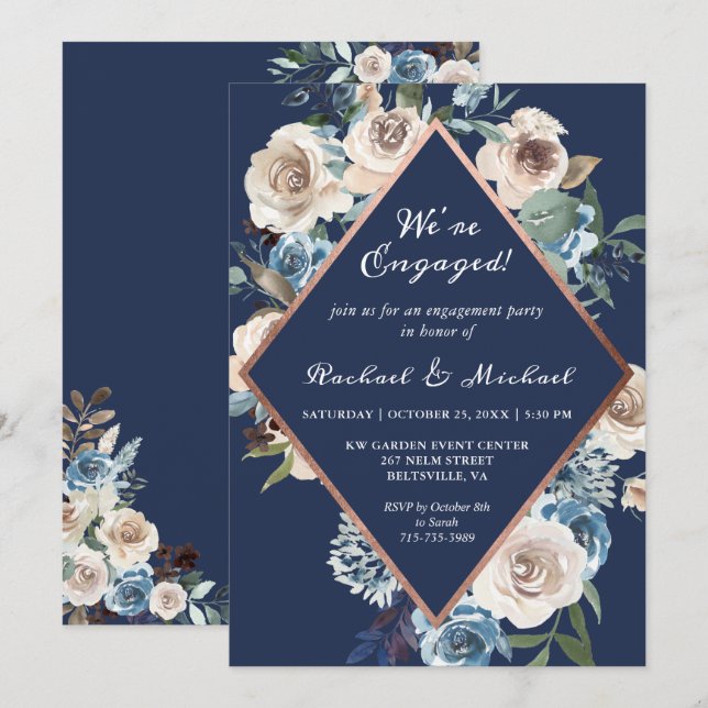 Navy Rose Gold Floral Engagement Invitation (Front/Back)