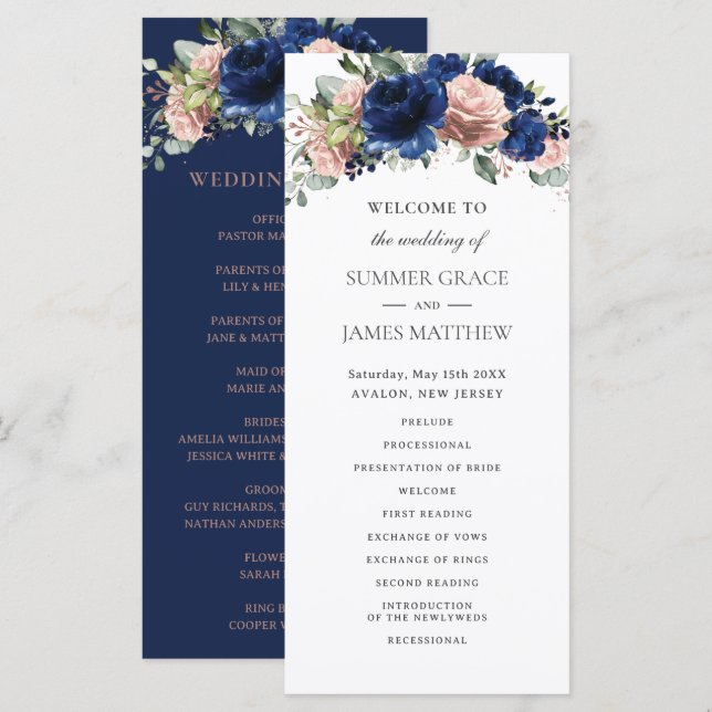 Navy Rose Gold Floral Greenery Boho Wedding Program (Front/Back)