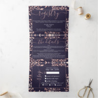Navy Rose Gold Floral Leaves Registry Detail RSVP