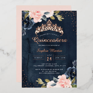 Navy Rose Gold Floral Quinceanera  Foil Invitation