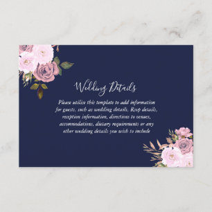 Navy Rose Gold Floral Wedding Reception Details Enclosure Card