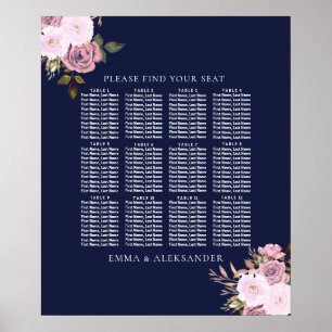 Navy Rose Gold Floral Wedding Table Seating Chart