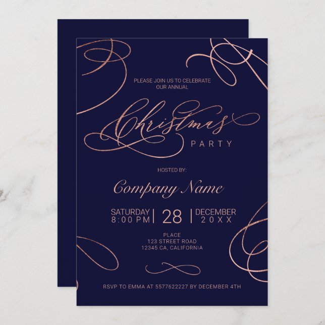 Navy rose gold flourish script Christmas corporate Invitation (Front/Back)