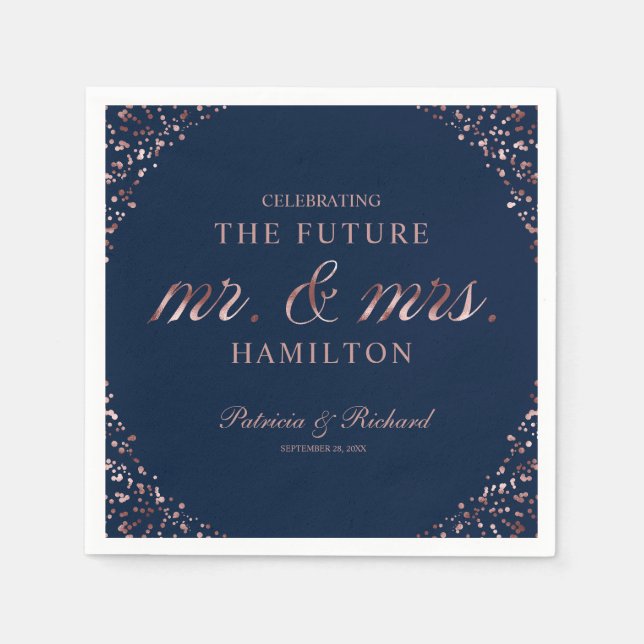Navy Rose Gold Future Mr And Mrs Engagement Party Napkin (Front)