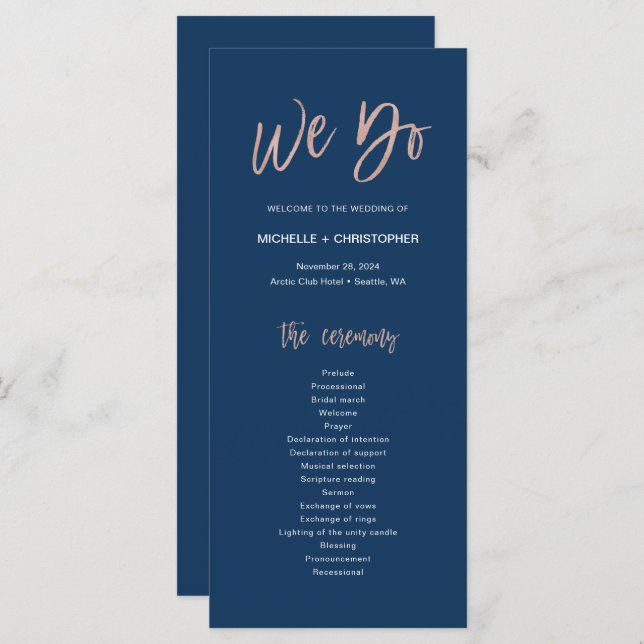 Navy & Rose Gold Glam Chic We Do Wedding Program (Front/Back)
