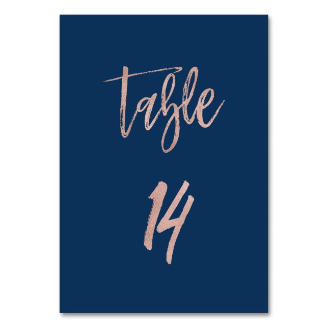 Navy & Rose Gold Glam Chic Wedding Table Number 14 (Front)