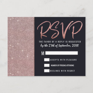Navy Rose Gold Glitter Colour Block RSVP Invitation Postcard