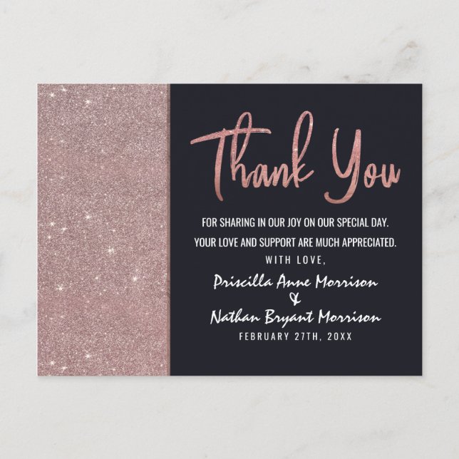 Navy Rose Gold Glitter Colour Block Thank You Postcard (Front)