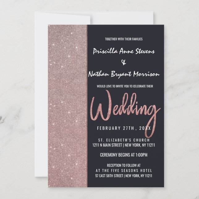 Navy Rose Gold Glitter Colour Block Wedding Invitation (Front)