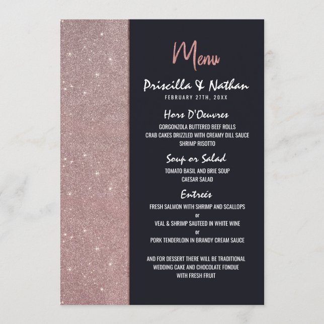 Navy Rose Gold Glitter Colour Block Wedding Menu (Front)