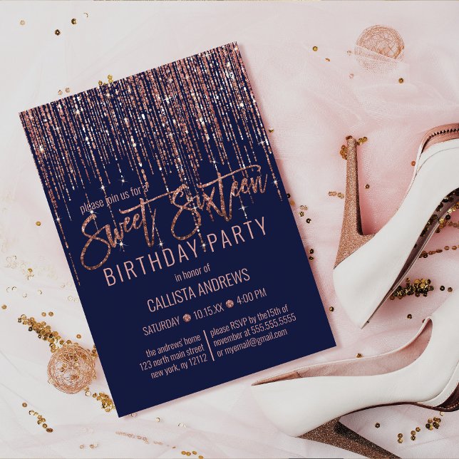 Navy Rose Gold Glitter Fringe Curtain Sweet 16 Invitation (Creator Uploaded)