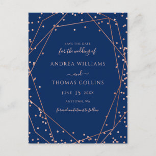 Navy Rose Gold Glitter Geometric Save the Date Announcement Postcard
