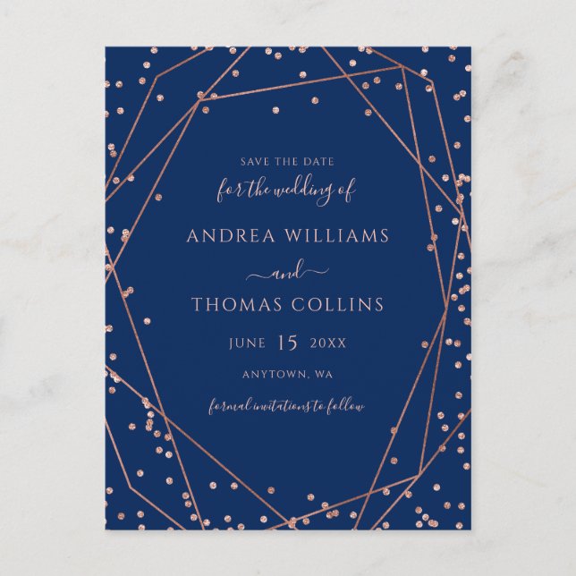 Navy Rose Gold Glitter Geometric Save the Date Announcement Postcard (Front)
