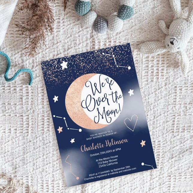Navy rose gold glitter over the moon baby shower invitation (Creator Uploaded)