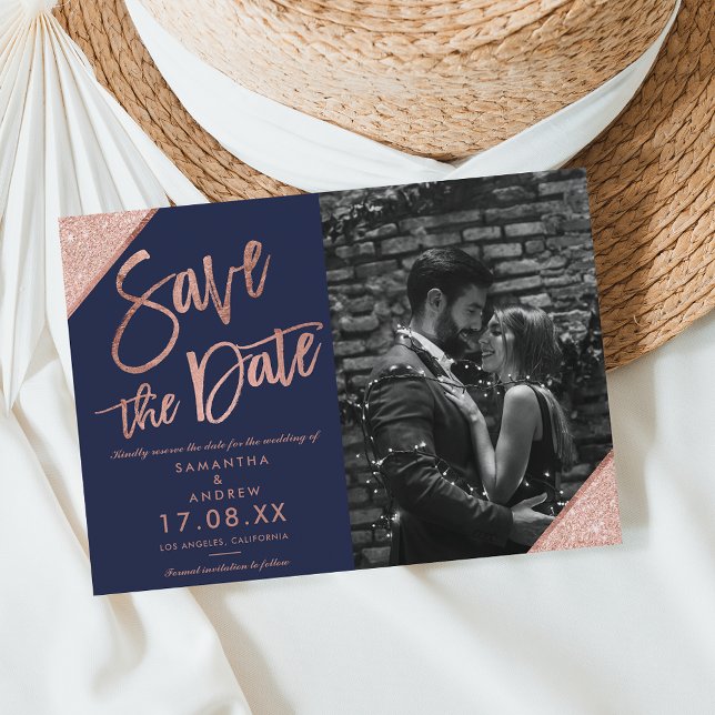 Navy Rose gold glitter script photo save the date Postcard (Creator Uploaded)