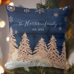 Navy Rose Gold Glitter Winter Forest Family Name Cushion