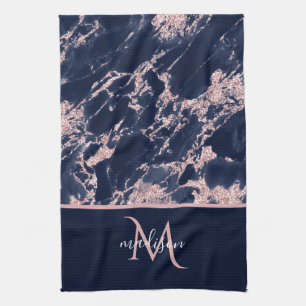 Navy & Rose Gold Marble Monogram Elegant Luxury  Tea Towel