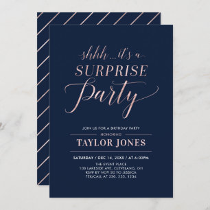 Navy & Rose gold   Modern Surprise Birthday Party Invitation