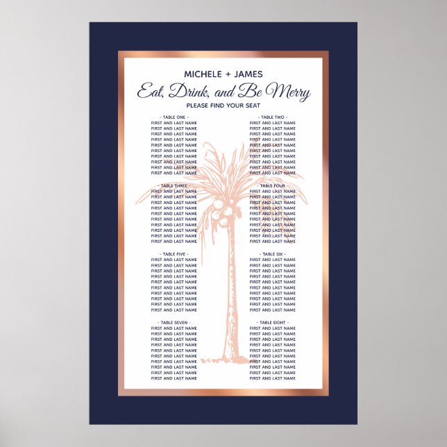 Navy Rose Gold Palm Tropical Wedding Seating Chart (Front)