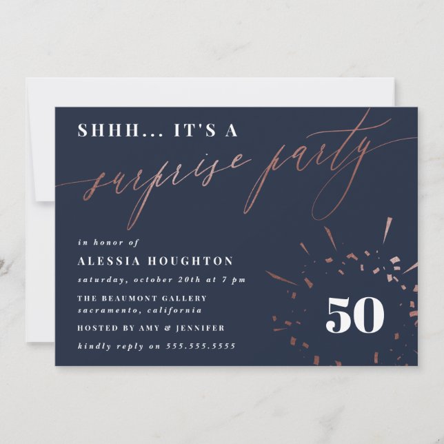 Navy & Rose Gold Script Surprise Party Invitation (Front)